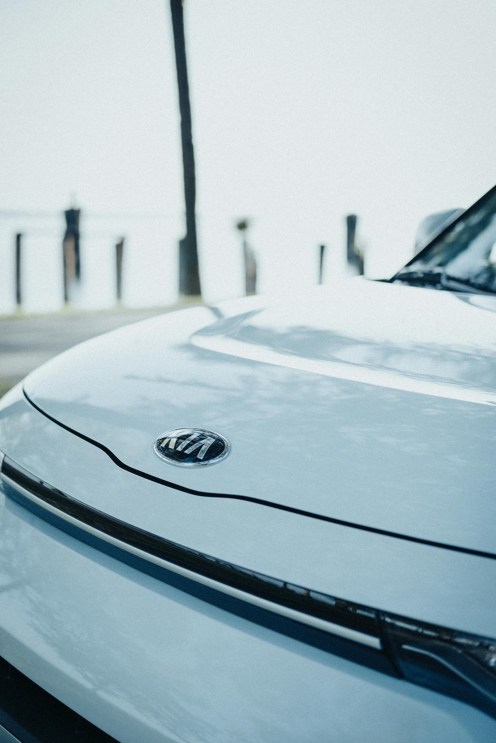 Detailed shot of a Kia car hood showcasing the emblem under natural light.